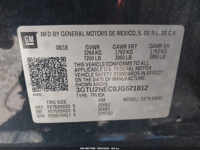 46017999 :رقم المزاد ، 3GTU2NEC0JG521812 vin ، 2018 Gmc Sierra 1500 Slt مزاد بيع