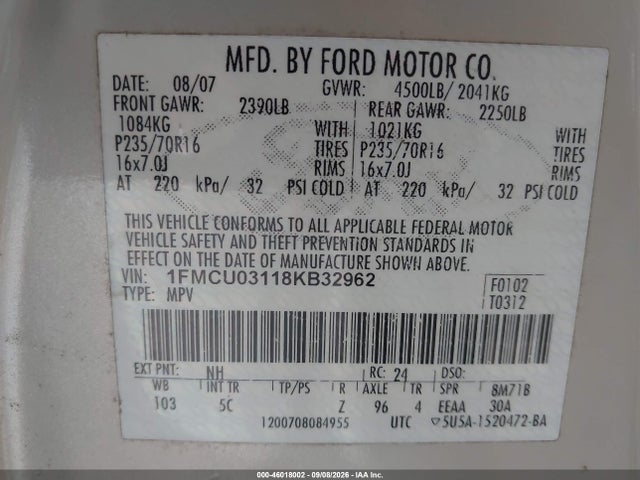 Aukcja sprzedaży 2008 Ford Escape Xlt, vin: 1FMCU03118KB32962, numer aukcji: 46018002