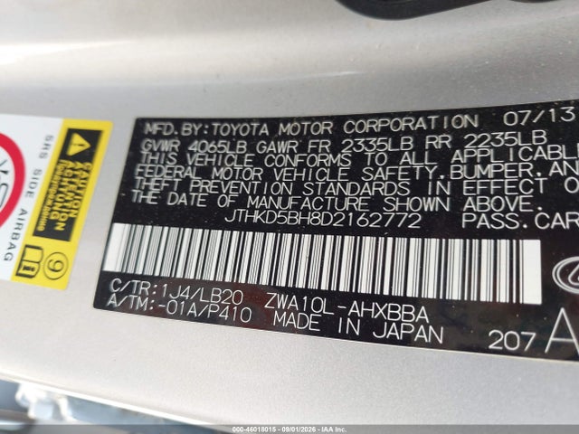 46018015 :رقم المزاد ، JTHKD5BH8D2162772 vin ، 2013 Lexus Ct 200h مزاد بيع