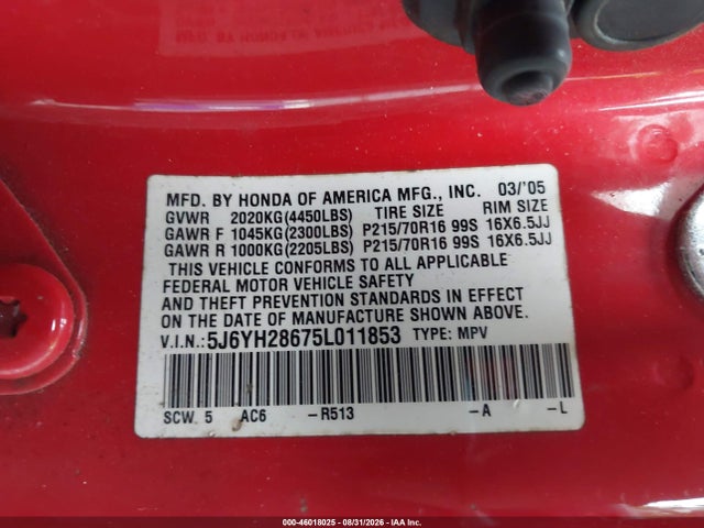 Продаж на аукціоні авто 2005 Honda Element Ex, vin: 5J6YH28675L011853, номер лоту: 46018025