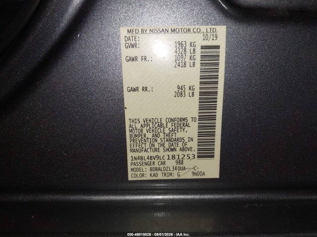 2020 Nissan Altima S Fwd მანქანა იყიდება აუქციონზე, vin: 1N4BL4BV9LC181253, აუქციონის ნომერი: 46018026