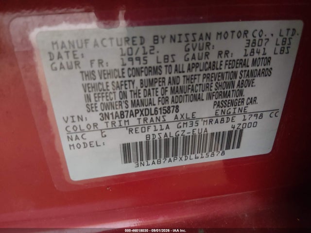 2013 Nissan Sentra Sl მანქანა იყიდება აუქციონზე, vin: 3N1AB7APXDL615878, აუქციონის ნომერი: 46018030
