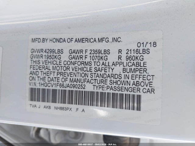 2018 Honda Accord Ex-l მანქანა იყიდება აუქციონზე, vin: 1HGCV1F66JA090252, აუქციონის ნომერი: 46018037
