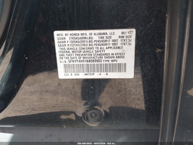 46018043 :رقم المزاد ، 5FNYF4H91BB089903 vin ، 2011 Honda Pilot Touring مزاد بيع