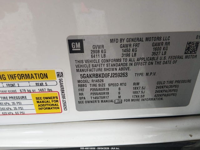 2015 Buick Enclave Leather მანქანა იყიდება აუქციონზე, vin: 5GAKRBKD0FJ259263, აუქციონის ნომერი: 46018058