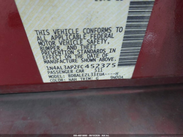 2015 Nissan Altima 2.5 S მანქანა იყიდება აუქციონზე, vin: 1N4AL3AP2FC452375, აუქციონის ნომერი: 46018060