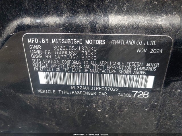 Aukcja sprzedaży 2024 Mitsubishi Mirage Es/le, vin: ML32AUHJ1RH037022, numer aukcji: 46018073