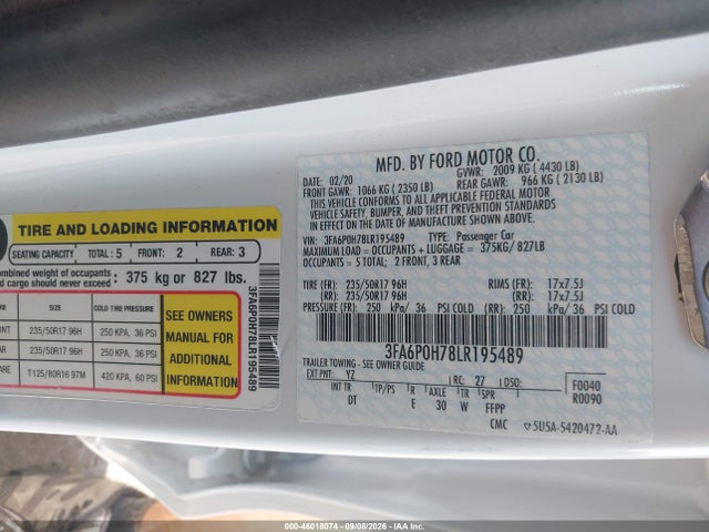 2020 Ford Fusion Se მანქანა იყიდება აუქციონზე, vin: 3FA6P0H78LR195489, აუქციონის ნომერი: 46018074