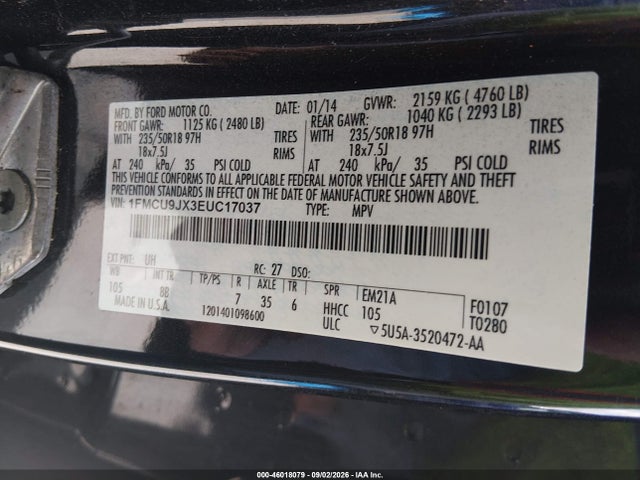 46018079 :رقم المزاد ، 1FMCU9JX3EUC17037 vin ، 2014 Ford Escape Titanium مزاد بيع