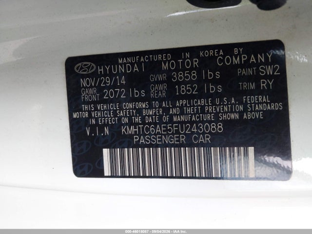 2015 Hyundai Veloster Turbo მანქანა იყიდება აუქციონზე, vin: KMHTC6AE5FU243088, აუქციონის ნომერი: 46018087