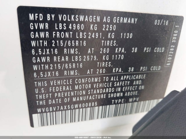 Aukcja sprzedaży 2016 Volkswagen Tiguan S, vin: WVGBV7AX5GW600885, numer aukcji: 46018097