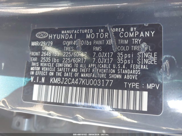 Продаж на аукціоні авто 2019 Hyundai Tucson Se, vin: KM8J2CA47KU003177, номер лоту: 46018102
