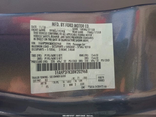 Продаж на аукціоні авто 2011 Ford Focus Se, vin: 1FAHP3FN3BW202968, номер лоту: 46018107