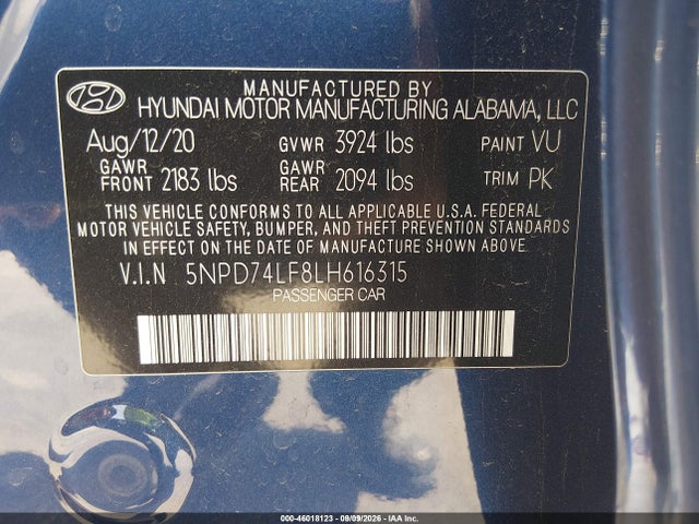 Aukcja sprzedaży 2020 Hyundai Elantra Se, vin: 5NPD74LF8LH616315, numer aukcji: 46018123