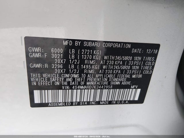 Subaru Ascent Touring 2019 4S4WMARD7K3442958 Image 9