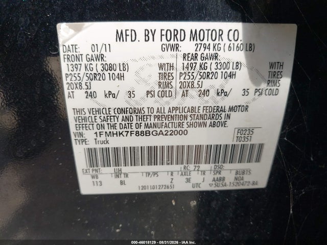 46018129 :رقم المزاد ، 1FMHK7F88BGA22000 vin ، 2011 Ford Explorer Limited مزاد بيع