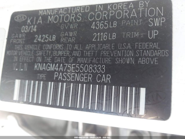 2014 Kia Optima Lx მანქანა იყიდება აუქციონზე, vin: KNAGM4A75E5508333, აუქციონის ნომერი: 46018135