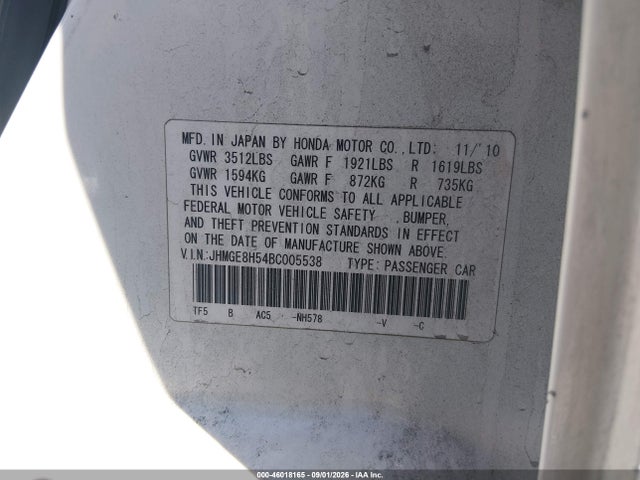 46018165 :رقم المزاد ، JHMGE8H54BC005538 vin ، 2011 Honda Fit Sport مزاد بيع