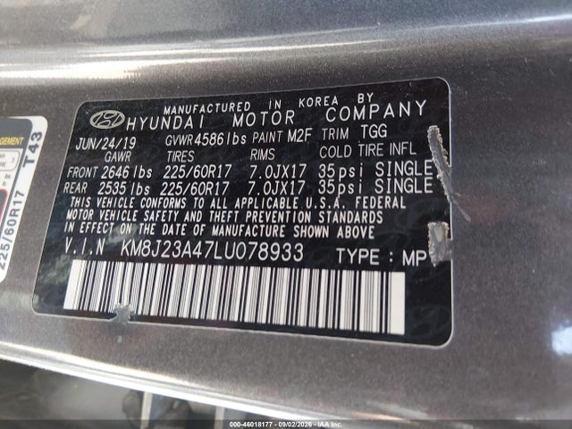 Продаж на аукціоні авто 2020 Hyundai Tucson Se, vin: KM8J23A47LU078933, номер лоту: 46018177