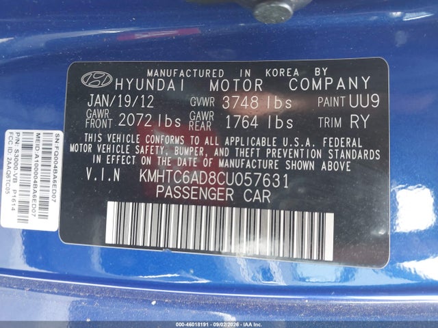 46018191 :رقم المزاد ، KMHTC6AD8CU057631 vin ، 2012 Hyundai Veloster Base W/black مزاد بيع