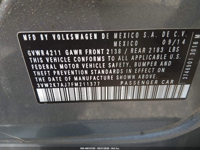 2015 Volkswagen Jetta 2.0l S მანქანა იყიდება აუქციონზე, vin: 3VW2K7AJ7FM211377, აუქციონის ნომერი: 46018192