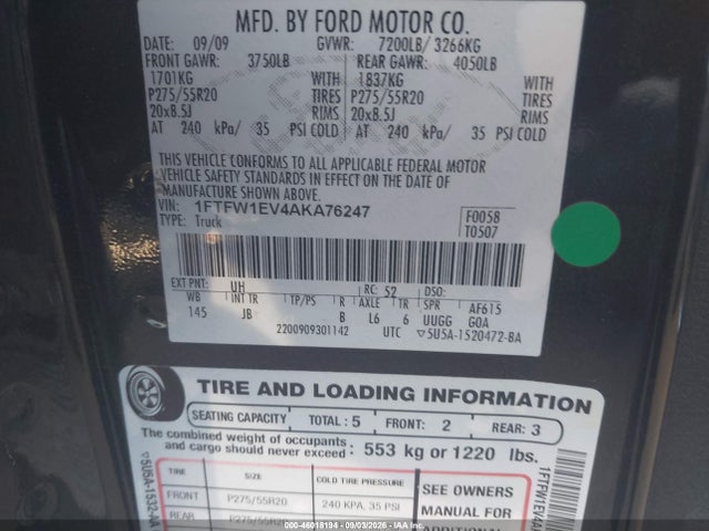 Aukcja sprzedaży 2010 Ford F-150 Fx4/harley-davidson/king Ranch/lariat/platinum/xl/xlt, vin: 1FTFW1EV4AKA76247, numer aukcji: 46018194