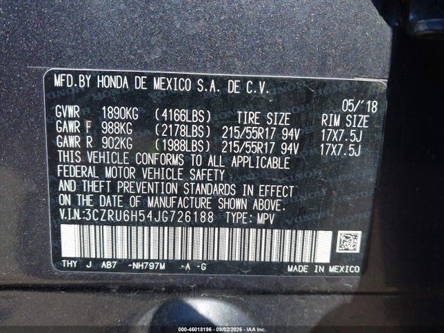 Aukcja sprzedaży 2018 Honda Hr-v Ex, vin: 3CZRU6H54JG726188, numer aukcji: 46018196