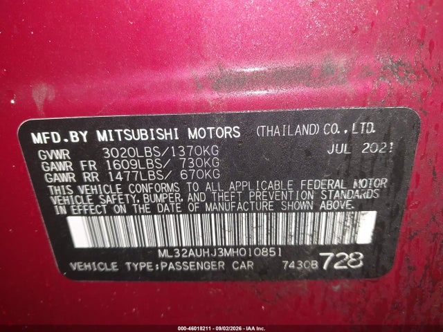 46018211 :رقم المزاد ، ML32AUHJ3MH010851 vin ، 2021 Mitsubishi Mirage Carbonite Edition/es/le مزاد بيع