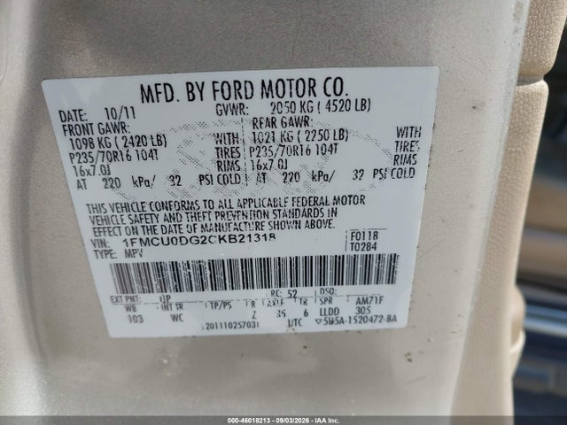46018213 :رقم المزاد ، 1FMCU0DG2CKB21318 vin ، 2012 Ford Escape Xlt مزاد بيع