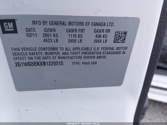 Продажа на аукционе авто 2011 Chevrolet Impala Lt, vin: 2G1WG5EKXB1229315, номер лота: 46018217