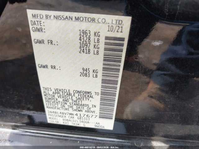 Aukcja sprzedaży 2021 Nissan Altima S Fwd, vin: 1N4BL4BV7MN417677, numer aukcji: 46018219