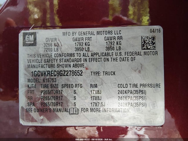 2016 Chevrolet Silverado 1500 Lt მანქანა იყიდება აუქციონზე, vin: 1GCVKREC9GZ278652, აუქციონის ნომერი: 46018222