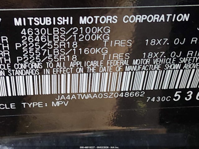 46018227 :رقم المزاد ، JA4ATWAA0SZ048662 vin ، 2025 Mitsubishi Eclipse Cross Black Edition S-awc/se S-awc/sel S-awc مزاد بيع