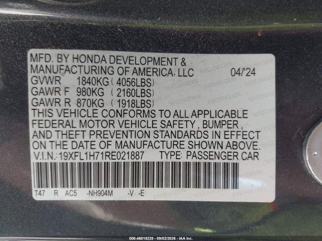 Aukcja sprzedaży 2024 Honda Civic Ex-l, vin: 19XFL1H71RE021887, numer aukcji: 46018228