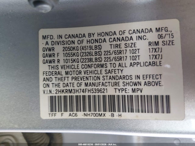 2HKRM3H74FH539621 Honda Cr-v Ex-l