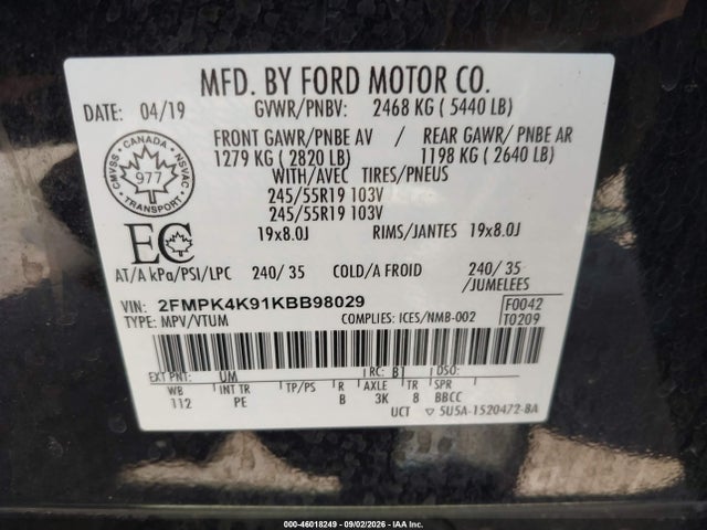 2019 Ford Edge Titanium მანქანა იყიდება აუქციონზე, vin: 2FMPK4K91KBB98029, აუქციონის ნომერი: 46018249