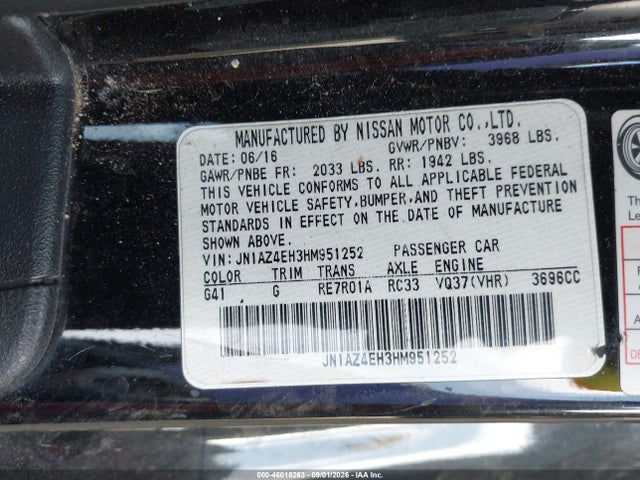 2017 Nissan 370z მანქანა იყიდება აუქციონზე, vin: JN1AZ4EH3HM951252, აუქციონის ნომერი: 46018263