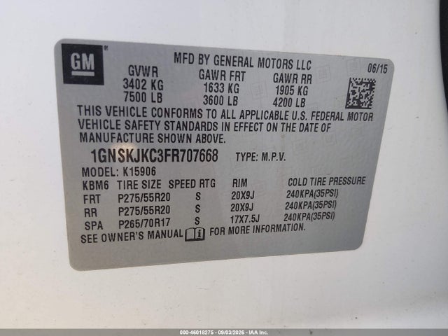 46018275 :رقم المزاد ، 1GNSKJKC3FR707668 vin ، 2015 Chevrolet Suburban 1500 Lt مزاد بيع