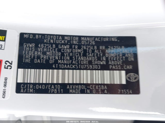 2026 Toyota Camry Se მანქანა იყიდება აუქციონზე, vin: 4T1DAACK5TU759303, აუქციონის ნომერი: 46018278