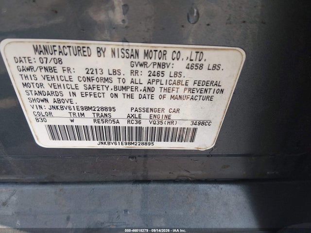 46018279 :رقم المزاد ، JNKBV61E98M228895 vin ، 2008 Infiniti G35 Journey مزاد بيع