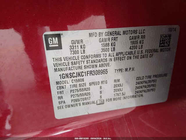 Chevrolet Suburban 1500 Lt 2015 1GNSCJKC1FR308965 Image 9