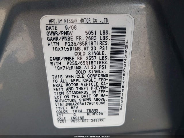Aukcja sprzedaży 2007 Nissan Murano Sl, vin: JN8AZ08W17W610066, numer aukcji: 46018289