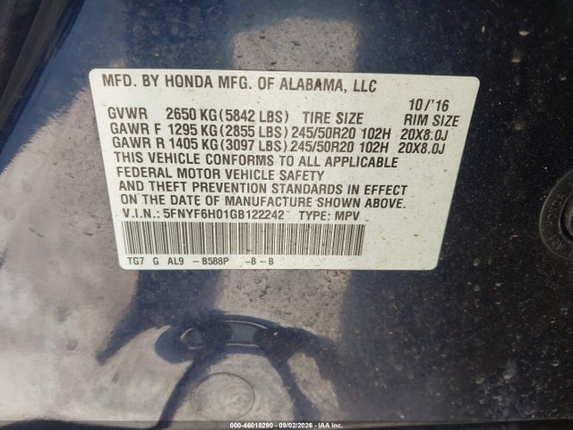 Продаж на аукціоні авто 2016 Honda Pilot Elite, vin: 5FNYF6H01GB122242, номер лоту: 46018290