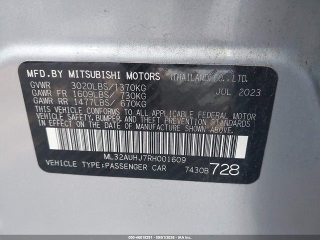 Aukcja sprzedaży 2024 Mitsubishi Mirage Es, vin: ML32AUHJ7RH001609, numer aukcji: 46018291