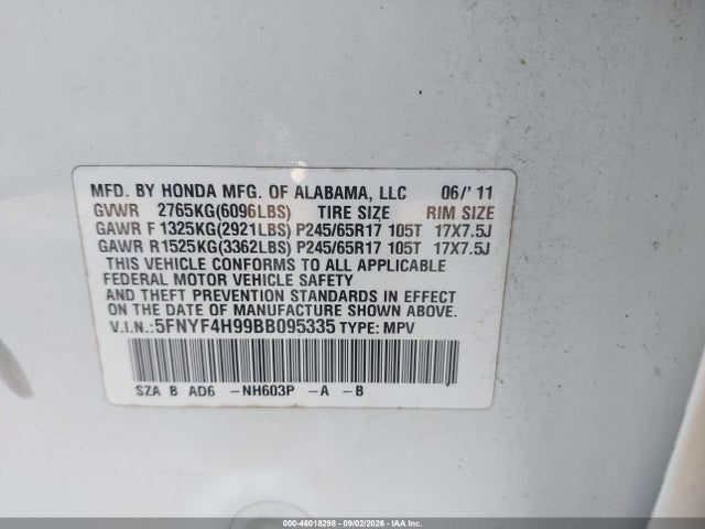 Продаж на аукціоні авто 2011 Honda Pilot Touring, vin: 5FNYF4H99BB095335, номер лоту: 46018298