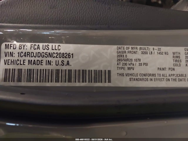 2022 Dodge Durango Gt Plus Awd მანქანა იყიდება აუქციონზე, vin: 1C4RDJDG5NC208261, აუქციონის ნომერი: 46018322