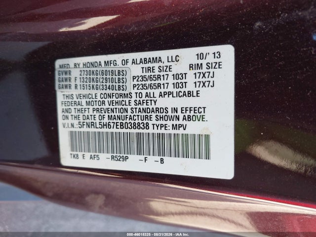 Aukcja sprzedaży 2014 Honda Odyssey Ex-l, vin: 5FNRL5H67EB038838, numer aukcji: 46018325