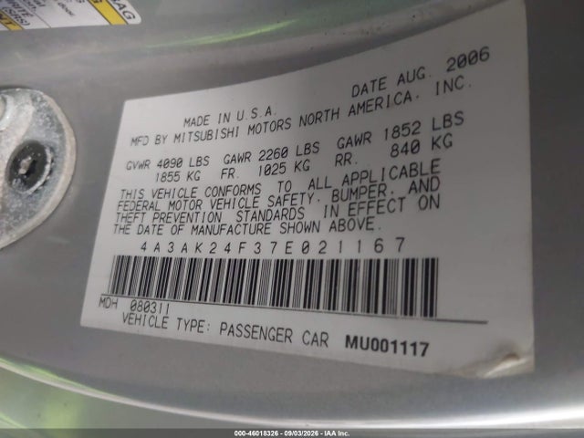 Продажа на аукционе авто 2007 Mitsubishi Eclipse Gs, vin: 4A3AK24F37E021167, номер лота: 46018326