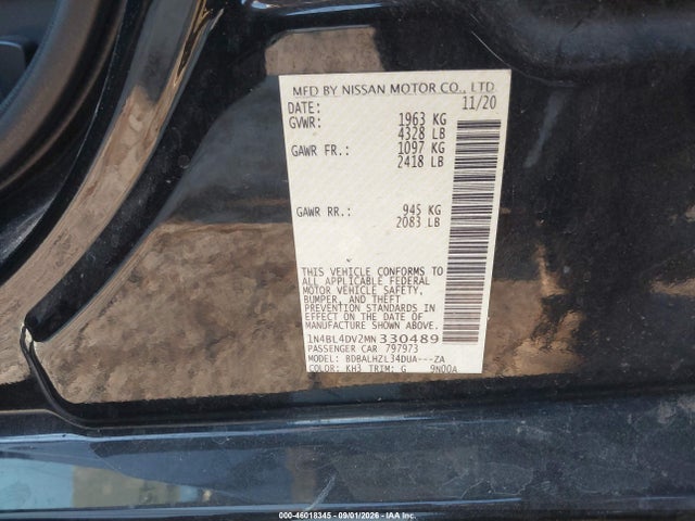 46018345 :رقم المزاد ، 1N4BL4DV2MN330489 vin ، 2021 Nissan Altima Sv Fwd مزاد بيع