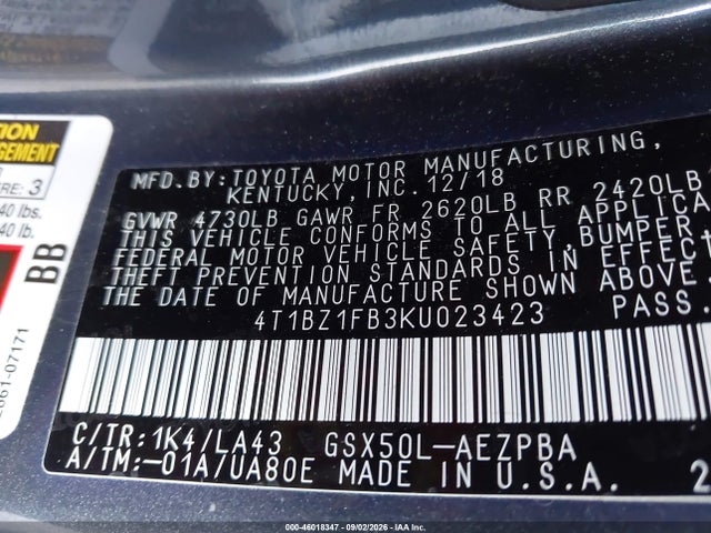 Auction sale of the 2019 Toyota Avalon Limited, vin: 4T1BZ1FB3KU023423, lot number: 46018347